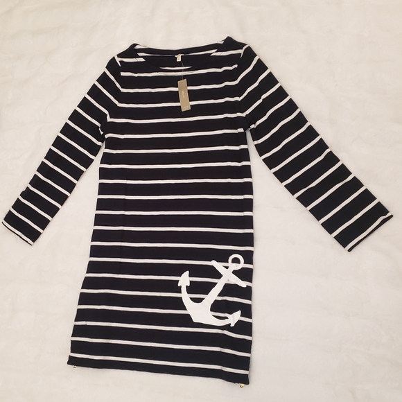 J. CREW Maritime Anchor Dress Navy Blue White Stripe 100% Cotton Nautical S - Picture 2 of 5